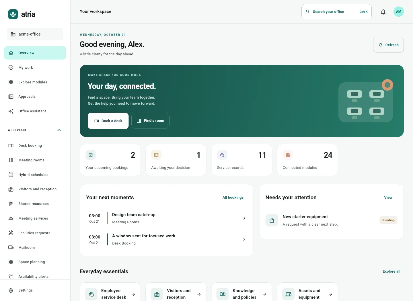 Atria Office dashboard showing booking, approvals and workplace services in a fictional demonstration workspace