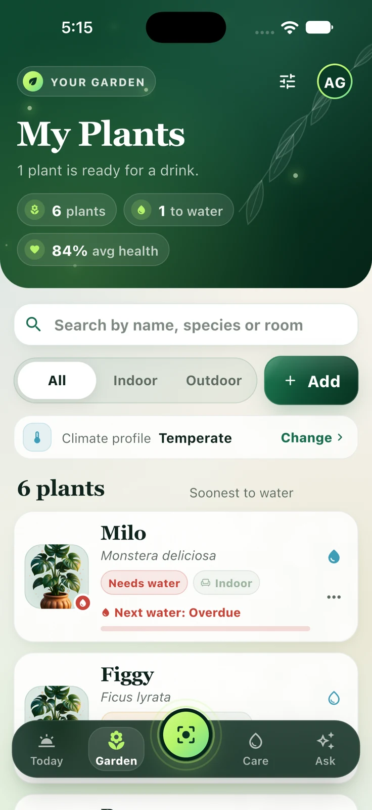 PlantCare app interface · sample content